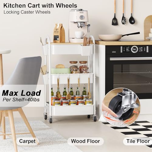3 Tier White Metal Heavy Duty Rolling Cart with Wheels and Wooden Table Top | Three-Tiered Storage Organizer Utility Cart for Art, Craft, Baby, Diaper Caddy, Coffee, Kitchen, Cleaning, Office Supplies - color: White
