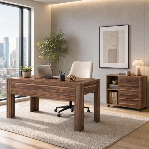 Tribesigns L Shaped Executive Desk with Drawers,Light Walnut | Large Office Desk with Rolling File Cabinet Combo,Home Office Computer Desk,Wooden Desk with Long Front Baffle - color: Light Walnut