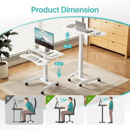 PEGZONE 31'' Standing Rolling Desk with Keyboard Tray for Classroom, White