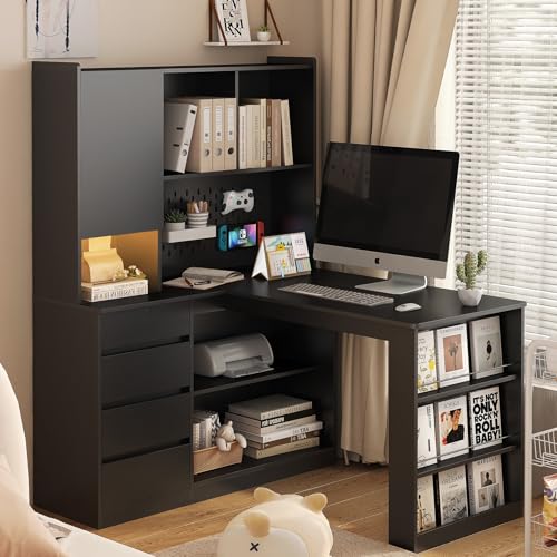 KEIKI L Shaped Home Office Desks with LED Light, Pegboard, Hutch, Drawers, Bookshelf & Storage Shelves, Modern Wooden Gaming Computer Corner Table for Work, Study, Writing - color: Black, size: Medium and Left Shelf