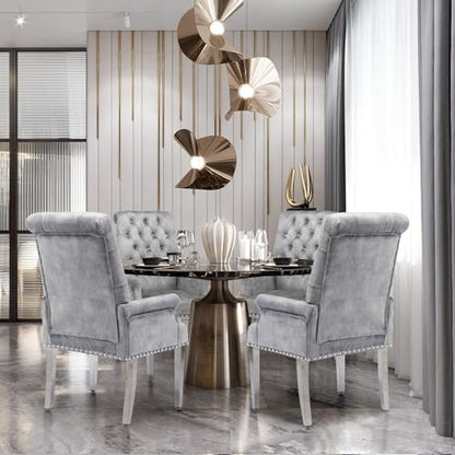 Velvet Dining Chairs with Arms, Upholstered Dining Room Chairs, Grey | Upholstered, High Back, Tufted, Luxurious, Stainless Steel Leg, for Kitchen & Dining Room - color: Grey, size: 1 PCS