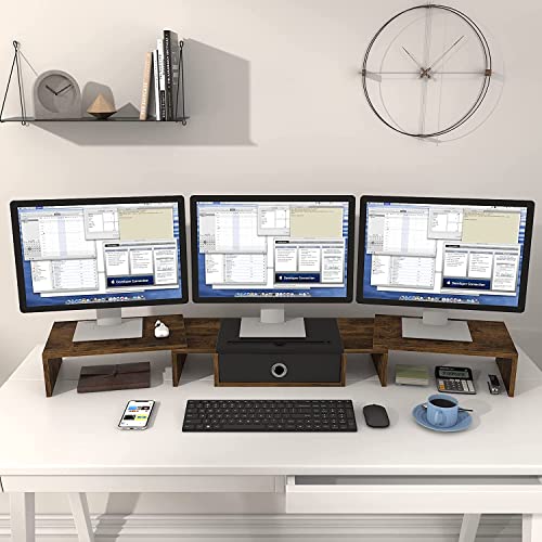 WESTREE Triple Dual Monitor Stand Riser with Drawer,Extra Large Adjustable for 2~3 Monitors,Solt for Phone & Tablet, Desktop Organizer Stand for Computer,Laptop,Printer,TV - size: Large-brown