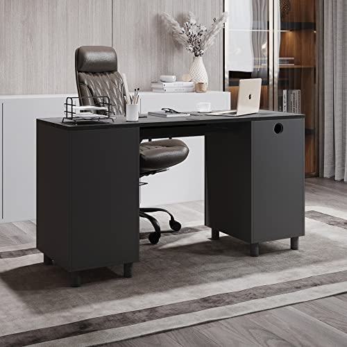 Modern Designs Venice Computer Desk with Lockable Drawers, 53 Inch Home Office Desk with Storage Cabinet, Keyboard Tray & Cable Management, Modern Study Writing Desk for Small Spaces, Black and Grey - color: Black Grey