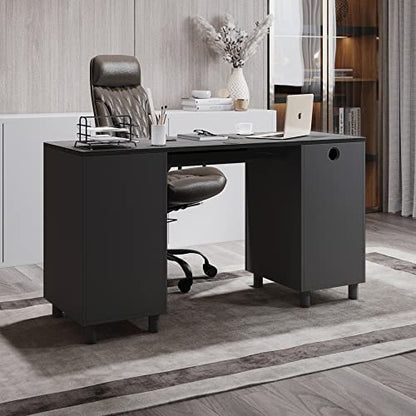Modern Designs Venice Computer Desk with Lockable Drawers, 53 Inch Home Office Desk with Storage Cabinet, Keyboard Tray & Cable Management, Modern Study Writing Desk for Small Spaces, Black and Grey - color: Black Grey