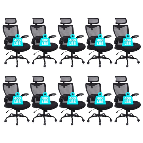 CLATINA Heavy Duty Ergonomic Mesh Office Chair 400LBS, Big and Tall Desk Chair with Adjustable Lumbar Support & Headrest, Flip Up Padded Arms, Swivel Computer Chair for Home, Conference, Black, 10 PK - size: 10 PK