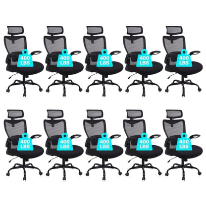 CLATINA Heavy Duty Ergonomic Mesh Office Chair 400LBS, Big and Tall Desk Chair with Adjustable Lumbar Support & Headrest, Flip Up Padded Arms, Swivel Computer Chair for Home, Conference, Black, 10 PK - size: 10 PK