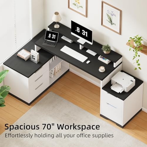 MaverickFurni L Shaped Desk with Drawers and Shelves, Home Office Desk with File Drawer for Work Writing Study, Corner Desk with Monitor Stand and Printer Shelf, White and Black