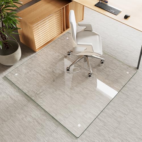 Tempered Glass Chair Mat for Carpet & Hard Floor, 46"x46" Office Chair Mat - Heavy Duty & Scratch Resistant, Non-Slip Pads, Rounded Corners & Polished Edges - color: Transparent, size: 46"x46"