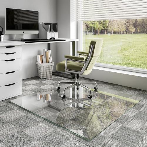 Koonmi Glass Chair Mat for Carpet, 46"x46" Thick Office Chair Mat | Tempered Glass Chair Mats with Round and Polished Edges, Smooth Rolling for Carpet Floor Protection, Scratch-Resistant - color: Transparent, size: 46"x46"