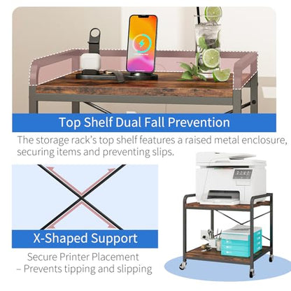 Under Desk Printer Stand with Power Outlet, Adjustable Shelf,Rustic Brown - color: Rustic Brown