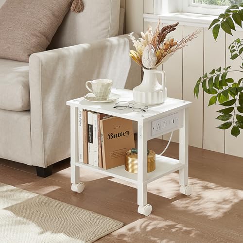 YUFAM 2 Tier Under Desk Printer Stand with Charging Station, White - color: White, size: 11.8"D×15.7"W×15.3"H(With USB)