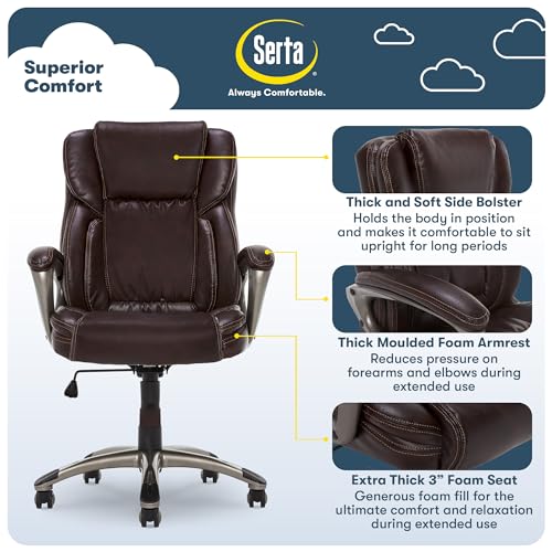 Serta Ergonomic Executive Office Chair with Lumbar Support, Leather Chair | Garret, Back Pain Relief, Foam Seat Cushion, Padded Arms, Adjustable Height and Reclining, Office Chair with Wheels, Brown - color: Brown
