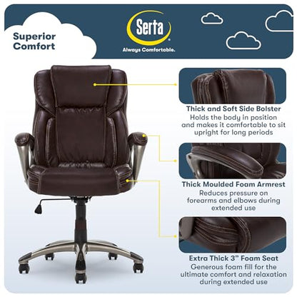 Serta Ergonomic Executive Office Chair with Lumbar Support, Leather Chair | Garret, Back Pain Relief, Foam Seat Cushion, Padded Arms, Adjustable Height and Reclining, Office Chair with Wheels, Brown - color: Brown