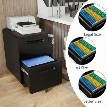 Garvee Mobile File Cabinet with Lock, 2 Drawer File Cabinet with Lock | 2 Drawer Under Desk Metal Rolling Filing Cabinets for Home Office Legal/Letter File Folders, Fully Assembled - color: Black Color