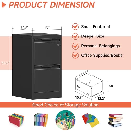 2 Drawer File Cabinet with Lock,Black Metal Filing Cabinets,Steel Vertical Fit Hanging Files, Letter,File Box and A4 Documents-Assembly Require - color: Black, size: Vertical 2 Drawer