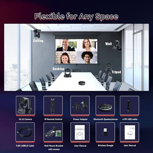 TONGVEO Conference Room Camera System 4K UHD 3X Optical Zoom 93° Ultra-Wide FoV USB3.0 PTZ Camera and Wireless Bluetooth Speakerphone with Microphones, Works with Zoom, OBS, Skype, Teams and More - color: Space