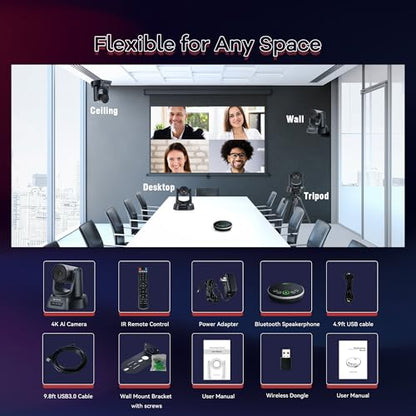 TONGVEO Conference Room Camera System 4K UHD 3X Optical Zoom 93° Ultra-Wide FoV USB3.0 PTZ Camera and Wireless Bluetooth Speakerphone with Microphones, Works with Zoom, OBS, Skype, Teams and More - color: Space