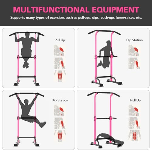 soges Power Tower Pull Up Bar Station, Free Standing Pull Up Rack Dip Station for Home Gym, Height Adjustable Home Strength Training Fitness Workout Equipment - color: Pink