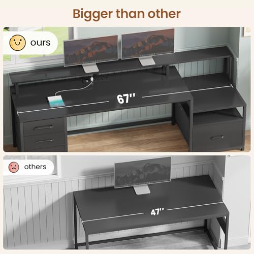 SEDETA Computer Desk with 5 Drawer, Power Outlet, Led Lights, Black - color: Black With Led Lights, size: 67X18.5inch