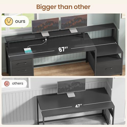 SEDETA Computer Desk with 5 Drawer, Power Outlet, Led Lights, Black - color: Black With Led Lights, size: 67X18.5inch