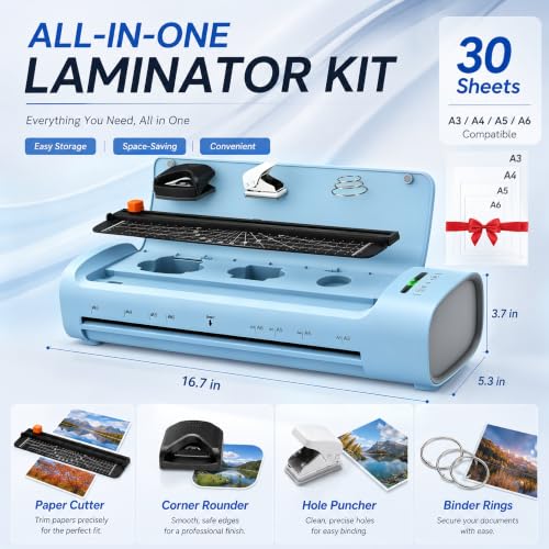 13 Inch Laminator Machine, 11x17 Hot & Cold Thermal Laminator, A3 11-in-1 Laminating Machine with 30 Sheets, 60s Warm-Up, Never-Jam Design Lamination for Teachers, Home, School & Office -Blue - color: Blue