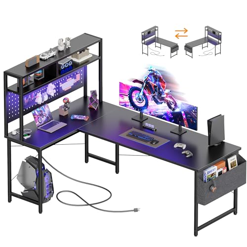 Mericonia 59 inch L Shaped Desk with Pegboard, Large Corner Gaming Desk - color: Black, size: 59 inch
