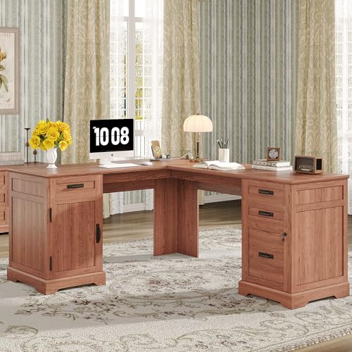 Alohappy 67'' L Shaped Desk with Drawers, Farmhouse Corner Computer Desk with File Storage and Charging Station for Home Office, Cherry Brown - color: Cherry Brown, size: 67''
