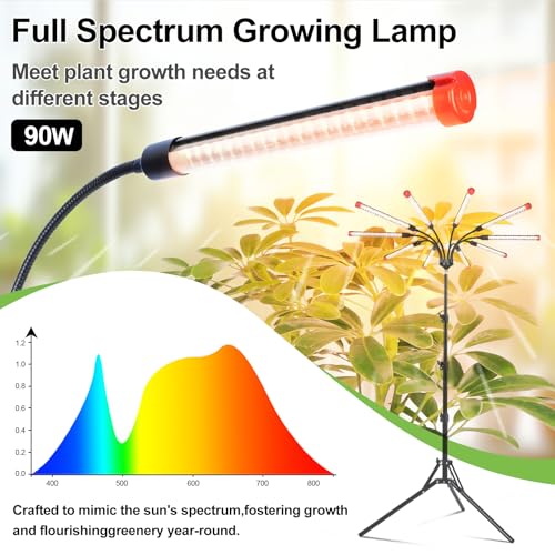 10Head Grow Light with Stand for Tall&Large Indoor Plants, Bonsai Tree, Big Coverage and Bright Plant Growing Lamps, 4/8/12/16/20H Timer, 90 Watt Power Draw, NO Need Adapter, 360° Gooseneck - size: Stand-10Head-90W