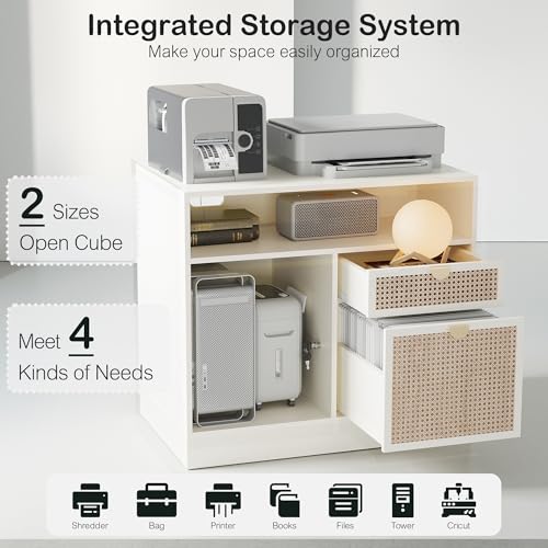 2 Drawers Storage File Cabinet with Lock & Outlet, 31.5W*29.4H | Wood Filing Cabinet for Home Office with Storage Shelves, Printer Stand & Credenza, Fits A4/Letter Size, AC/USB, White Rattan