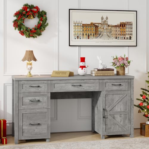 Vabches Farmhouse 61'' Executive Desk with 5 Drawers,Grey - color: Grey, size: 61" W