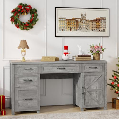 Vabches Farmhouse 61'' Executive Desk with 5 Drawers,Grey - color: Grey, size: 61" W