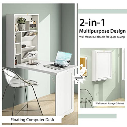 Wall Mounted Desk, Wood Collapsible Floating Desk, Convertible Computer Desk with Storage Area, Hanging Fold Out Table for Home Office, Small Spaces (White) - color: White