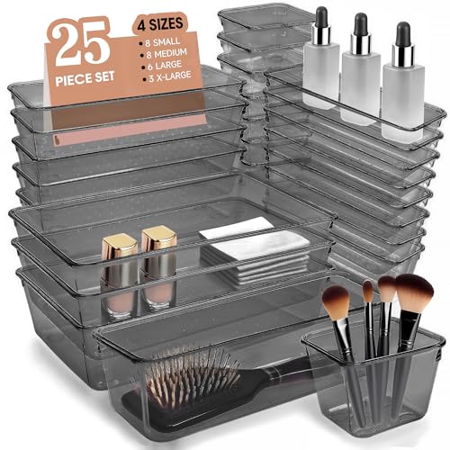Kitchen Desk Drawer Organizers Storage for Office, Small Acrylic Vanity Trays Makeup Organizer for Drawer Bathroom Plastic Make up Organizers 25 Pcs Clear Black - color: Clear Black