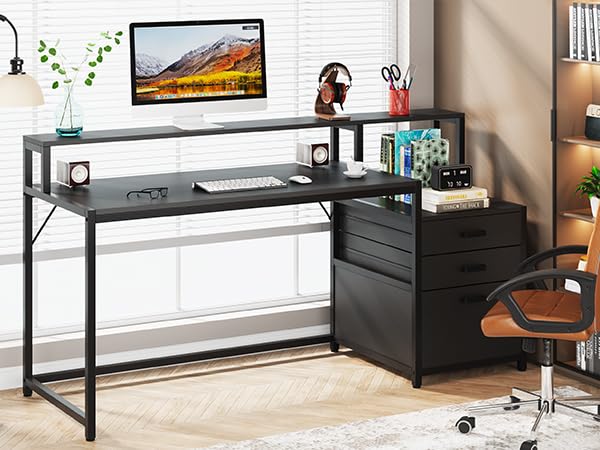 Tribesigns 63 Inch Computer Desk with File Drawer Cabinet, Home Office Desk - color: Black