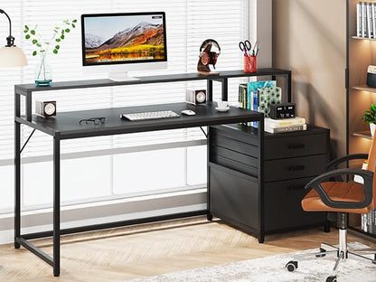 Tribesigns 63 Inch Computer Desk with File Drawer Cabinet, Home Office Desk - color: Black