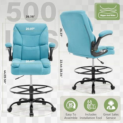 500LBS Drafting Chair, High Back Safer Standing Desk Chair, Executive Tall Office Chair with Flip-up Armrests, Upholstered Fabric Task Chair, Ergonomic Seat with Adjustable Height&Foot Ring, Blue - color: Blue