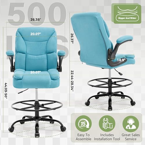 500LBS Drafting Chair, High Back Safer Standing Desk Chair, Executive Tall Office Chair with Flip-up Armrests, Upholstered Fabric Task Chair, Ergonomic Seat with Adjustable Height&Foot Ring, Blue - color: Blue