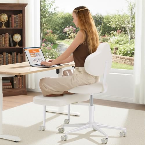 Cross Legged Office Chair with Wheels for ADHD, Ergonomic 360° Swivel Height-Adjustable Meditation Chair for Yoga, Kneeling Chair with 4 inch seat Cushion and Lumbar Support, PU Leather, Off White - color: Off White-pu-mountain