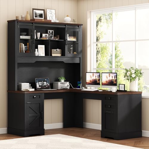 Squireewo 68.9'' Farmhouse L Shaped Desk with Hutch and Drawers, 76" High Wood Executive Home Office Desk with Charging Station, File Drawer and Cabinet, Computer Corner Desk with Sliding Doors, Black - color: Black, size: L Shaped Desk with Hutch