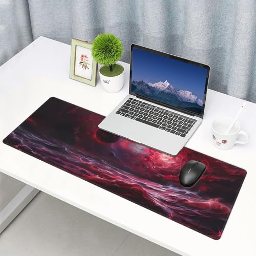 Large Red Cool Gaming Mouse Pad,Wave Abstract Art Desk Mat,31.5x12in | XL Extended Dark Style Blood Moon Scarlet Sea E-sports Keyboard Mat with Stitched Edges for Men,80 x 30 cm - color: Red Abstract Art
