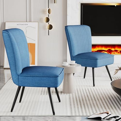 Alunaune Modern Blue Accent Chair Set of 2 Living Room Chairs, Upholstered Bedroom Furniture Sets Armless Slipper Reception Club Chair Guest Couch Comfy Wingback Single Sofa - color: Blue