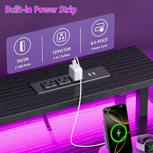 Furologee 52" Gaming Desk with 4 Drawers & LED Lights, Power Outlet, Black - color: Black, size: 52 Inch