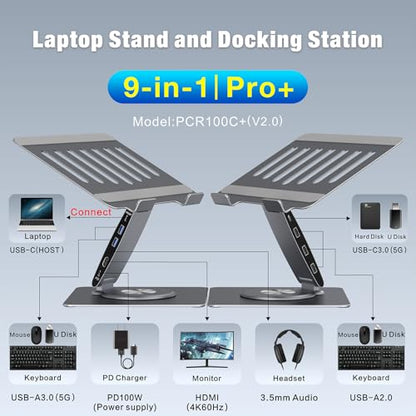 Adjustable Laptop Stand for Desk with Docking Station 9-in-1, Aluminum Laptop Riser with USB Hub, 360° Swivel, Dual Display 4K60Hz HDMI, 3 USB3.0, 100W PD Charging, for MacBook Pro Air/Dell/HP 7-15.6" - size: 9-in-1 Hub Laptop Stand