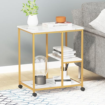 DlandHome Printer Stand with Locking Wheels, 3-Tier Shelf Printer Cart for Home Office Storage and Organization, Rolling Kitchen Utility Storage Cart, White & Golden