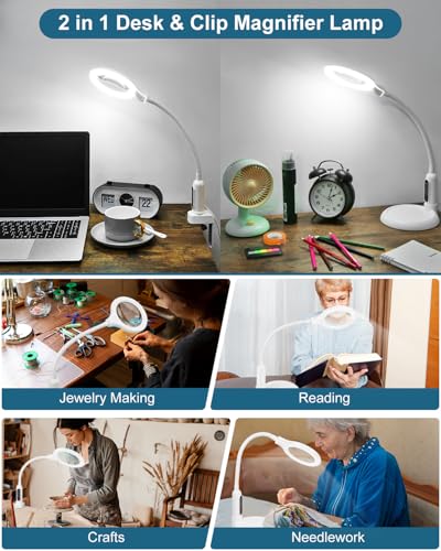 12X Magnifying Glass with Light and Stand, Real Glass, LED 5 Color Modes, Brightness Stepless Dimming Lighted Magnifier Hands Free, Flexible Gooseneck Desk Lamp with Clamp for Close Work, Craft, White - color: White