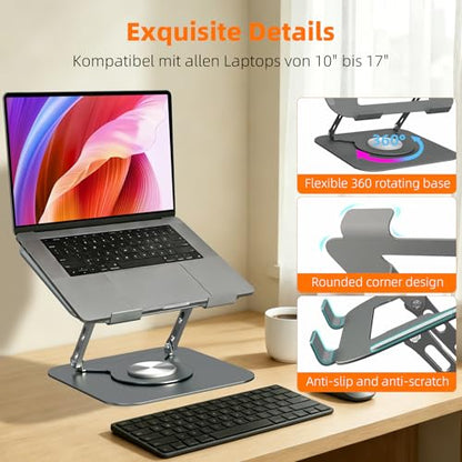 Adjustable Laptop Stand for Desk, 360 Rotating Base, Foldable (10-17.3'') | Ergonomic Laptop Holder for Desk, Foldable Portable for Office & Home Compatible with MacBook Air Pro, Dell, HP (10-17.3'')