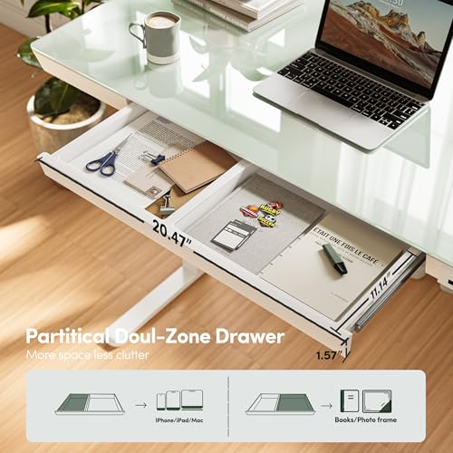 FEZIBO 48 × 24 Electric Standing Desk with Drawers, Whole-Piece Glass Adjustable Height Desk, One-Piece Quick Install Adjustable Sit Stand Desk, White - color: White, size: 48 inch