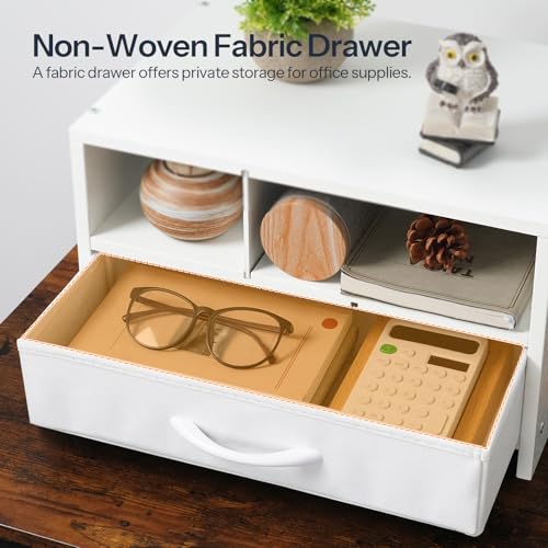 HOOBRO Desktop Printer Stand, Printer Stand Shelf Organizer with Drawer, Wooden Under Desk Printer Table, Storage Shelf, for Home Office White WT08PS01