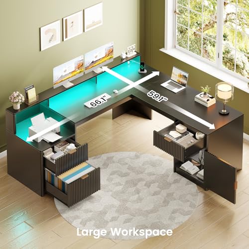 SEDETA 66" Modern L Shaped Desk with Drawers, Fluted Home Office Desk with File Cabinet & Printer Shelf, Wood Executive Desk with Monitor Stand, Power Outlets, Led Lights, Black - color: Black, size: L Shaped Desk