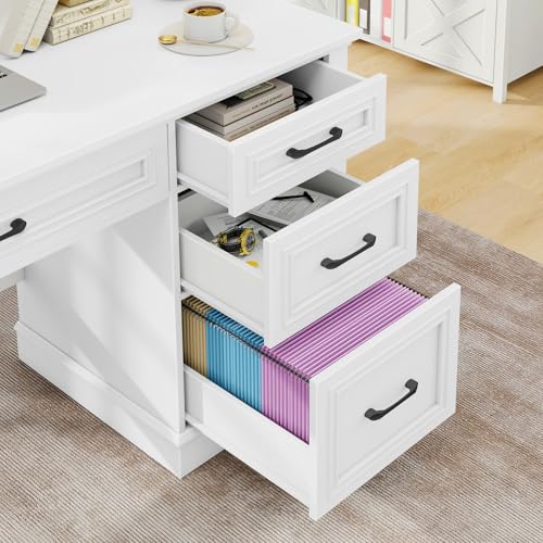 Vabches Farmhouse 47" Executive Desk with Charging Station, Cream White | Computer Desk with Drawers, Workstation Computer Desk with File Drawer for Home Office,Study. - color: Cream White
